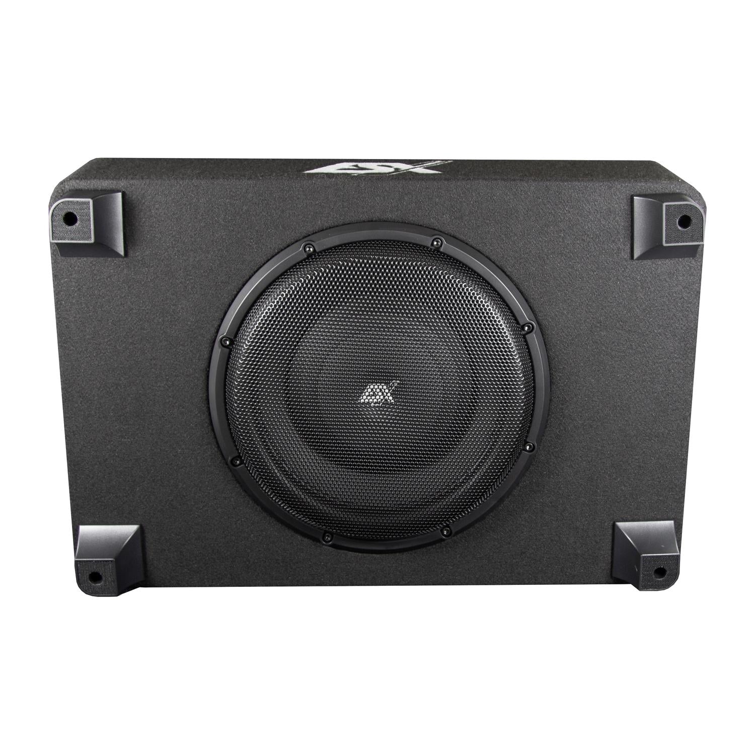 El ESX QX12BXA es un subwoofer negro de 12 pulgadas en una caja rectangular con rejilla protectora y cuatro esquinas reforzadas.