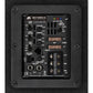 Primer plano del panel del amplificador ESX QX12BXA Clase D para un subwoofer de 12, mostrando los puertos de entrada/salida, los mandos etiquetados, los botones, las luces y los fusibles.
