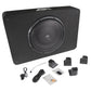 El subwoofer ESX QX12BXA Aktiv-Gehäuses negro con rejilla protectora se muestra con cables, soportes de montaje y hardware sobre un fondo blanco.