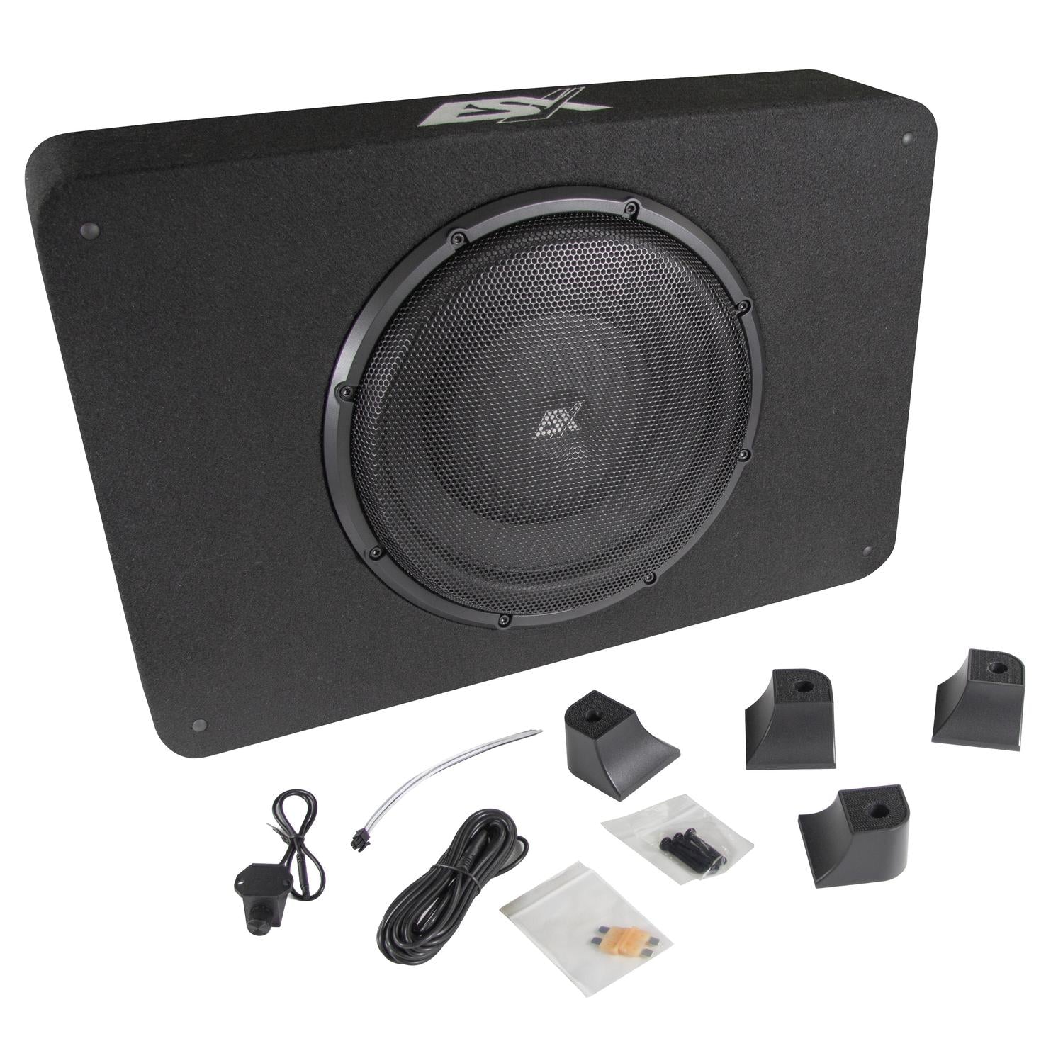El subwoofer ESX QX12BXA Aktiv-Gehäuses negro con rejilla protectora se muestra con cables, soportes de montaje y hardware sobre un fondo blanco.