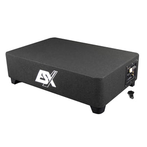 The ESX QX12BXA is a rectangular black active subwoofer with short legs, an ESX logo on the side, and an input panel on the right.