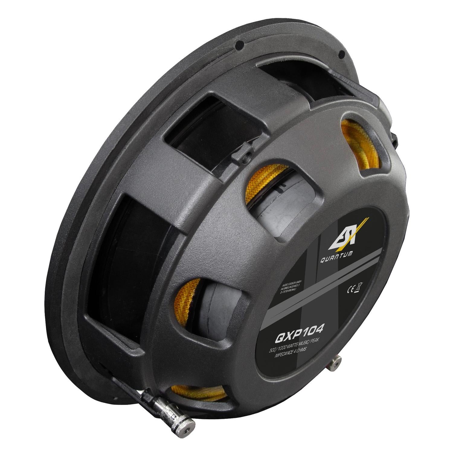Subwoofer para coche ESX QXP104 negro y gris con rejillas de ventilación visibles, terminales de conexión y logotipo del modelo, similar al subwoofer de 500 vatios y 10 Zoll Flachsubwoofer.