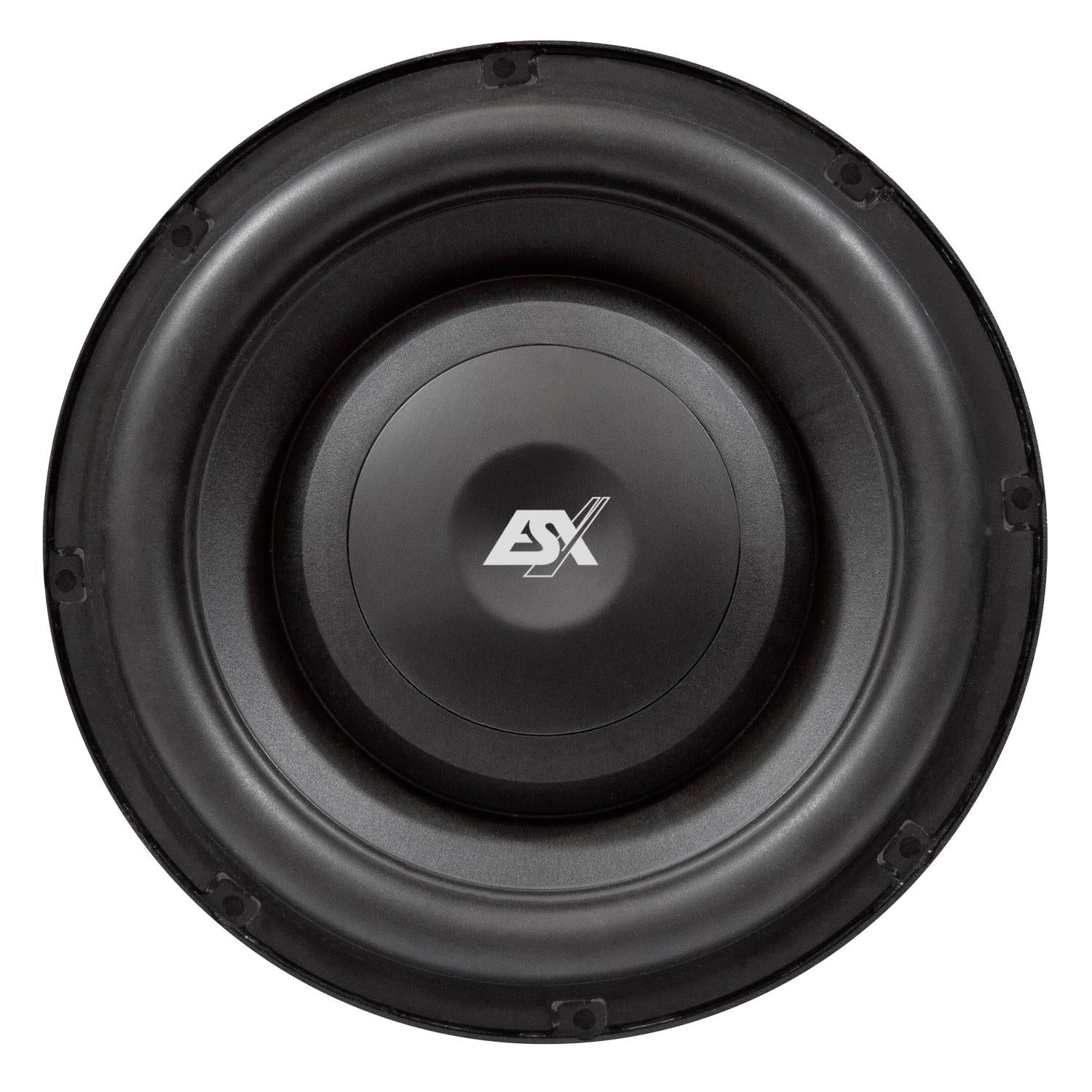 El ESX QXP104 es un subwoofer redondo negro de 500 W con el logotipo ESX centrado, mostrado desde arriba sobre un fondo blanco.