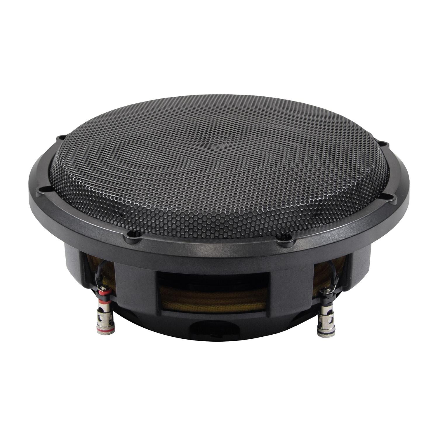 El ESX QXP104 es un subwoofer plano redondo negro de 10 pulgadas con rejilla de malla, marco metálico y conectores inferiores que se muestra sobre un fondo blanco.