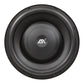Il subwoofer rotondo nero da 12 pollici ESX QXP124, visto dallalto, mostra il logo ESX argentato al centro: un subwoofer piatto ideale e di stile.