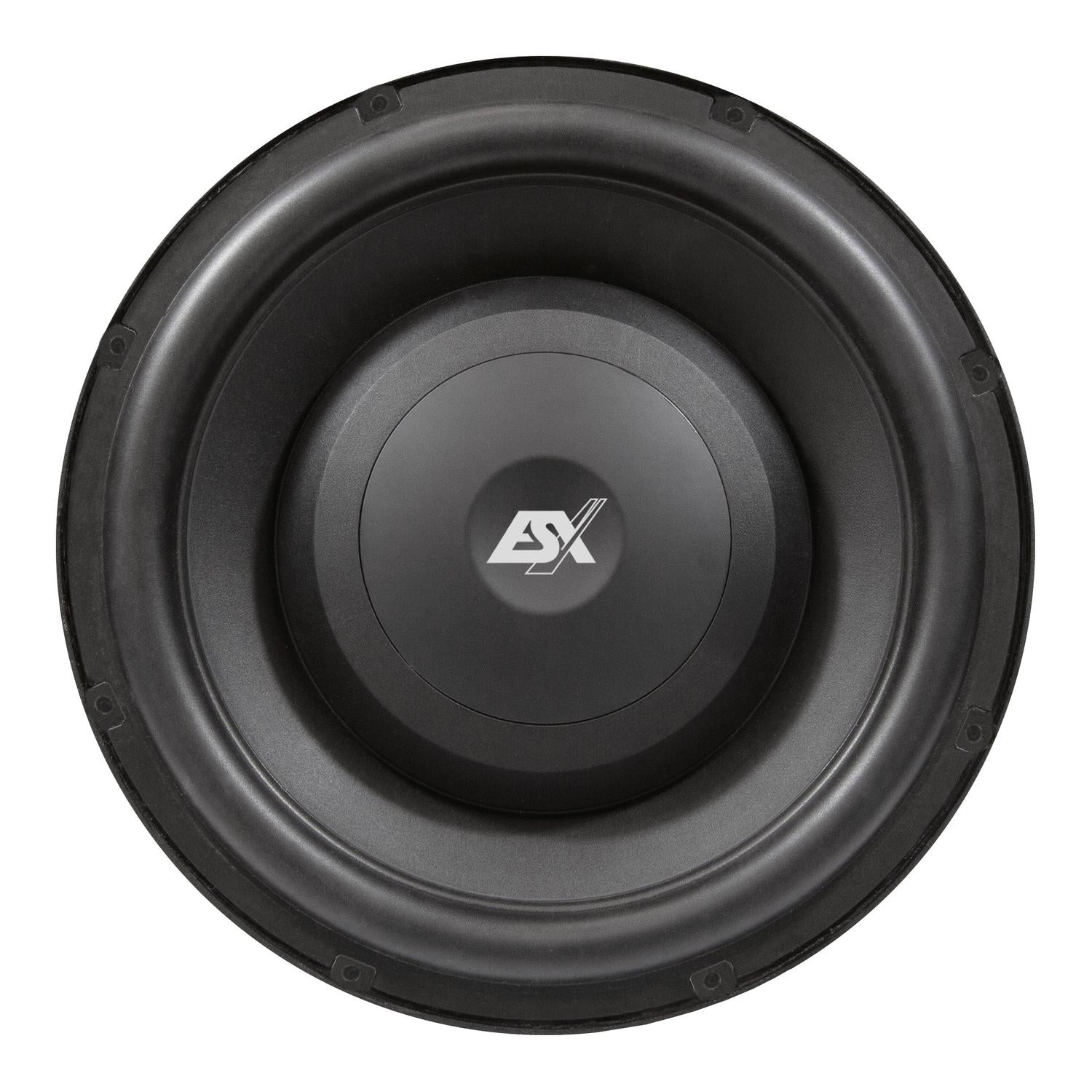 Il subwoofer rotondo nero da 12 pollici ESX QXP124, visto dallalto, mostra il logo ESX argentato al centro: un subwoofer piatto ideale e di stile.