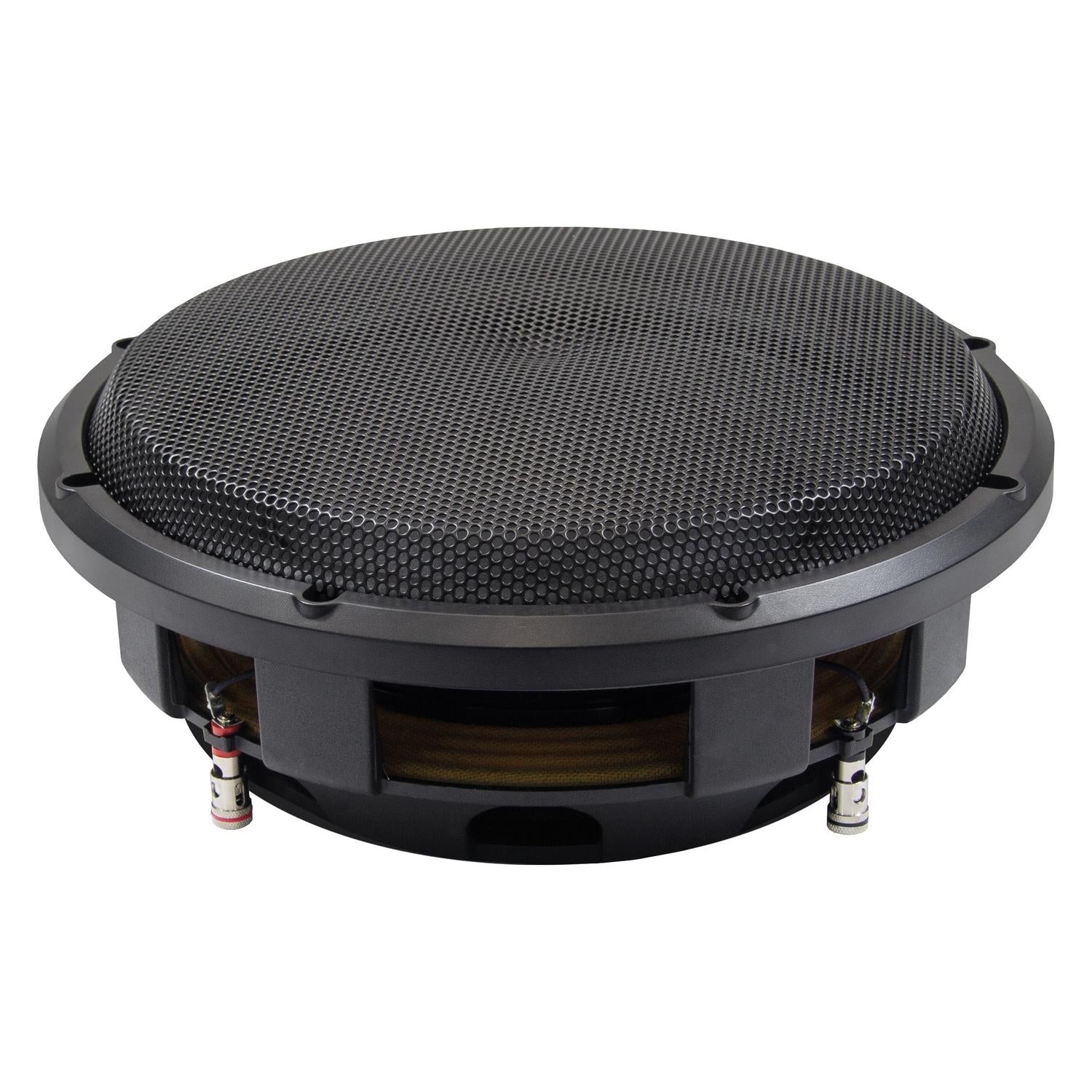 LESX QXP124 è un subwoofer piatto da 12 pollici di colore nero con griglia metallica rotonda e perforata e terminali laterali, ideale per le casse subwoofer chiuse.