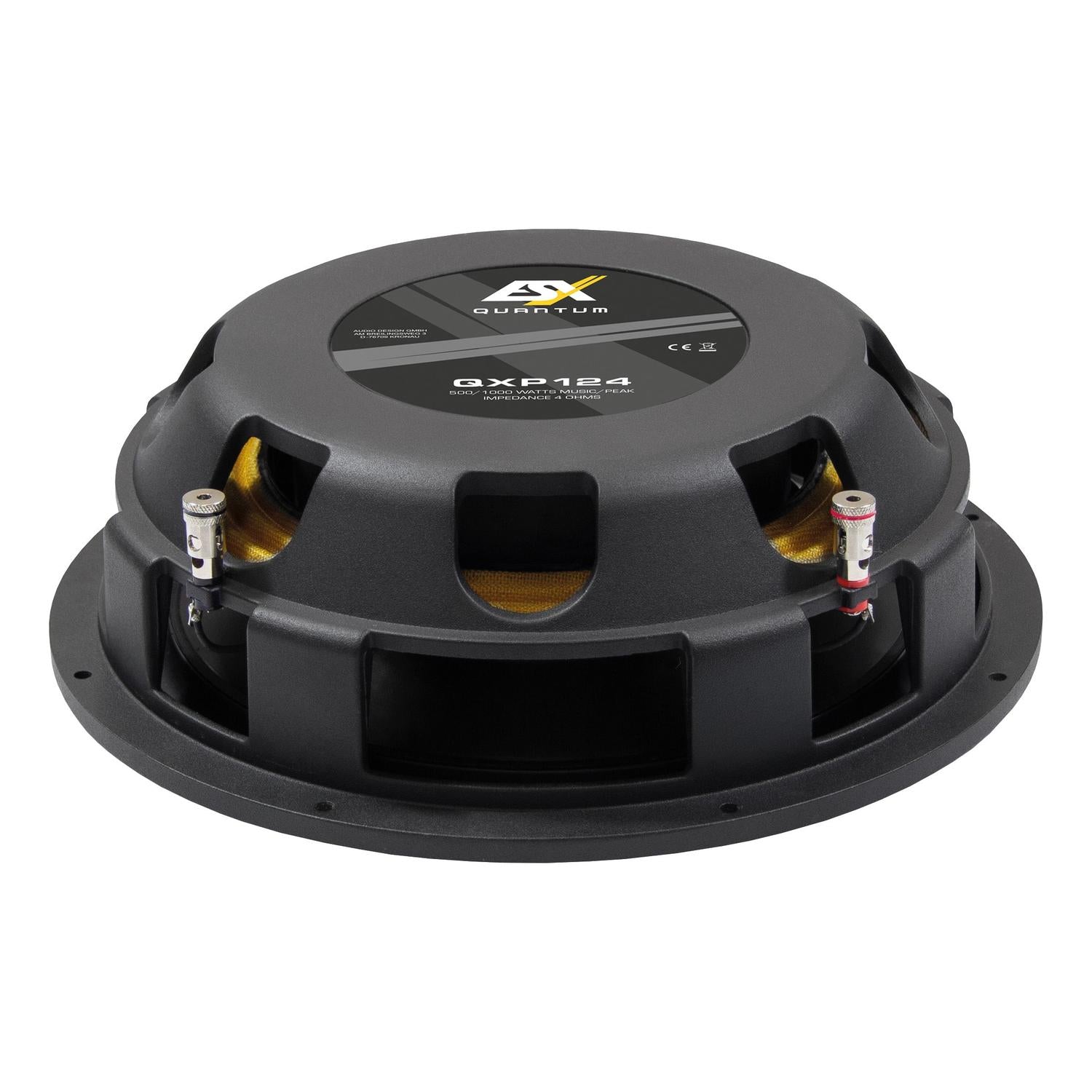 Una vista posteriore del subwoofer piatto da 12 pollici ESX QXP124 mostra letichetta del marchio, i terminali di collegamento e i fori di ventilazione.