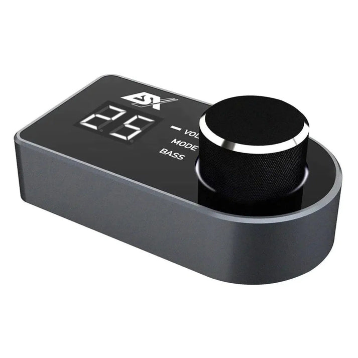 The ESX RC-DQ is a black and silver Lautstärkeregler with a digital display reading “25” and glossy labeled controls for volume, mode, and bass.