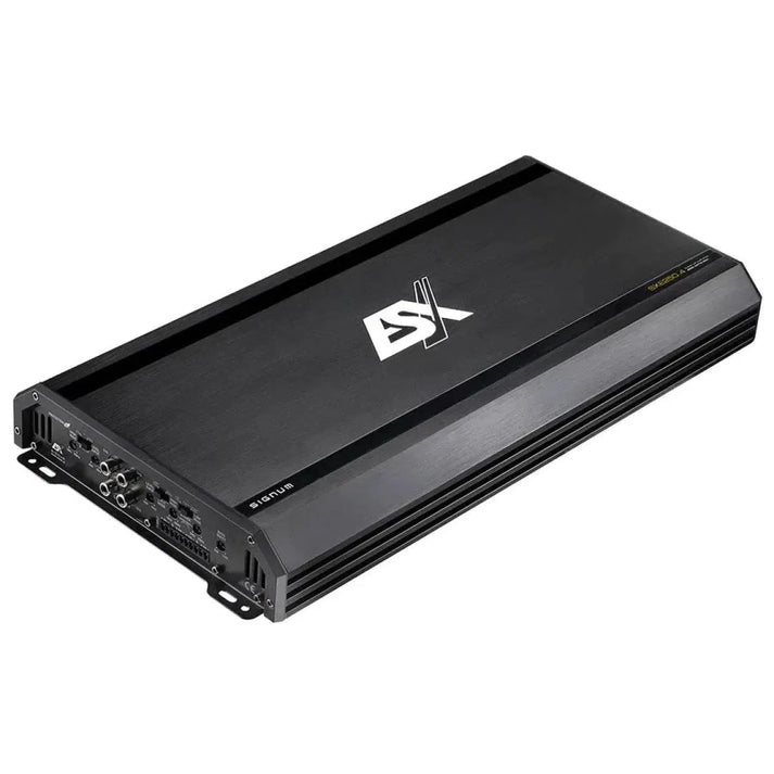 The ESX Signum SXE250.4 is a black car audio amplifier with silver accents, MOSFET-PWM power supply, left-side input/output ports, and a sleek rectangular design.