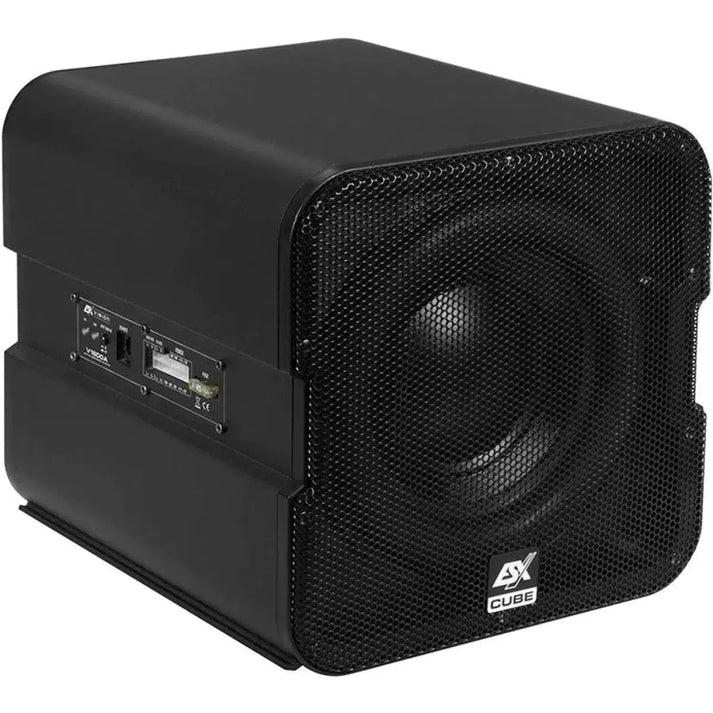 The ESX Vision V-1600A is a black, cube-shaped subwoofer with a mesh grille, side control panel, CUBE logo, and an 8 Zoll woofer for deep bass.