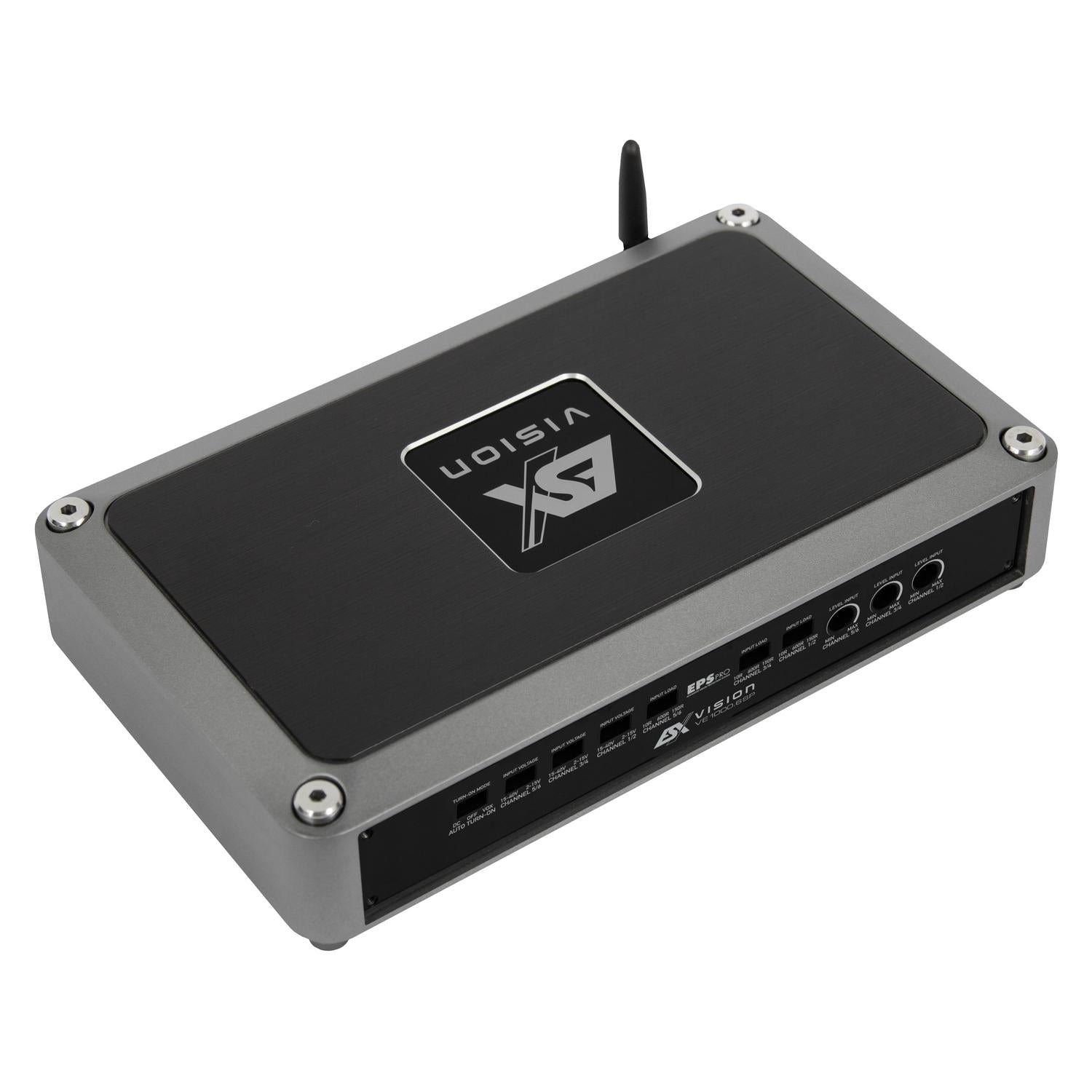 De ESX Vision VE1000.6SP is een rechthoekige DSP-versterker met poorten, knoppen, een zwart bovenlabel en een antenne - ideaal voor high-end 6-kanaals audiosystemen.