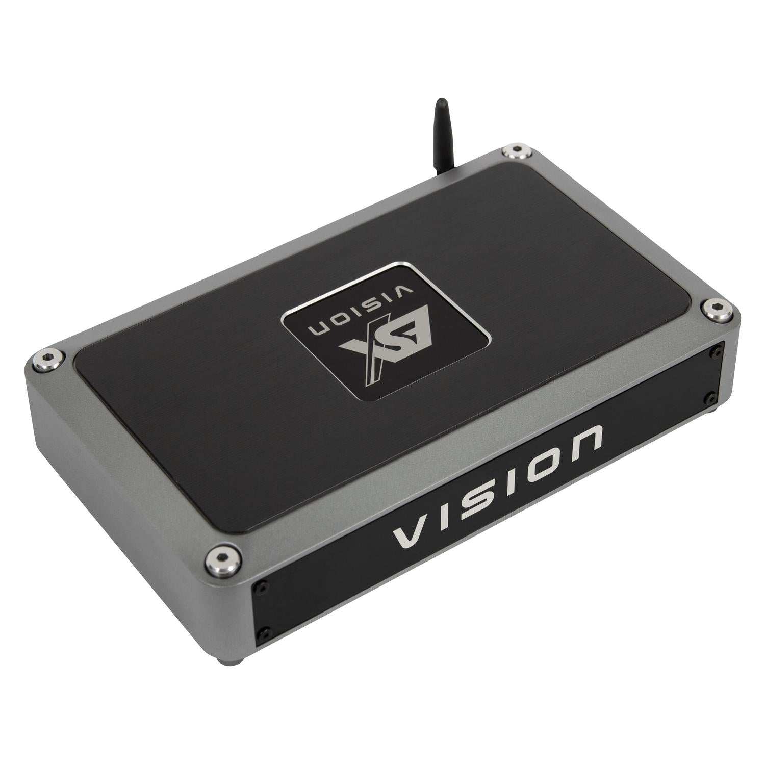 De ESX Vision VE1000.6SP is een rechthoekige high-end DSP-versterker in zwart en zilver, met het label VISION, met een kleine antenne en hoekschroeven.