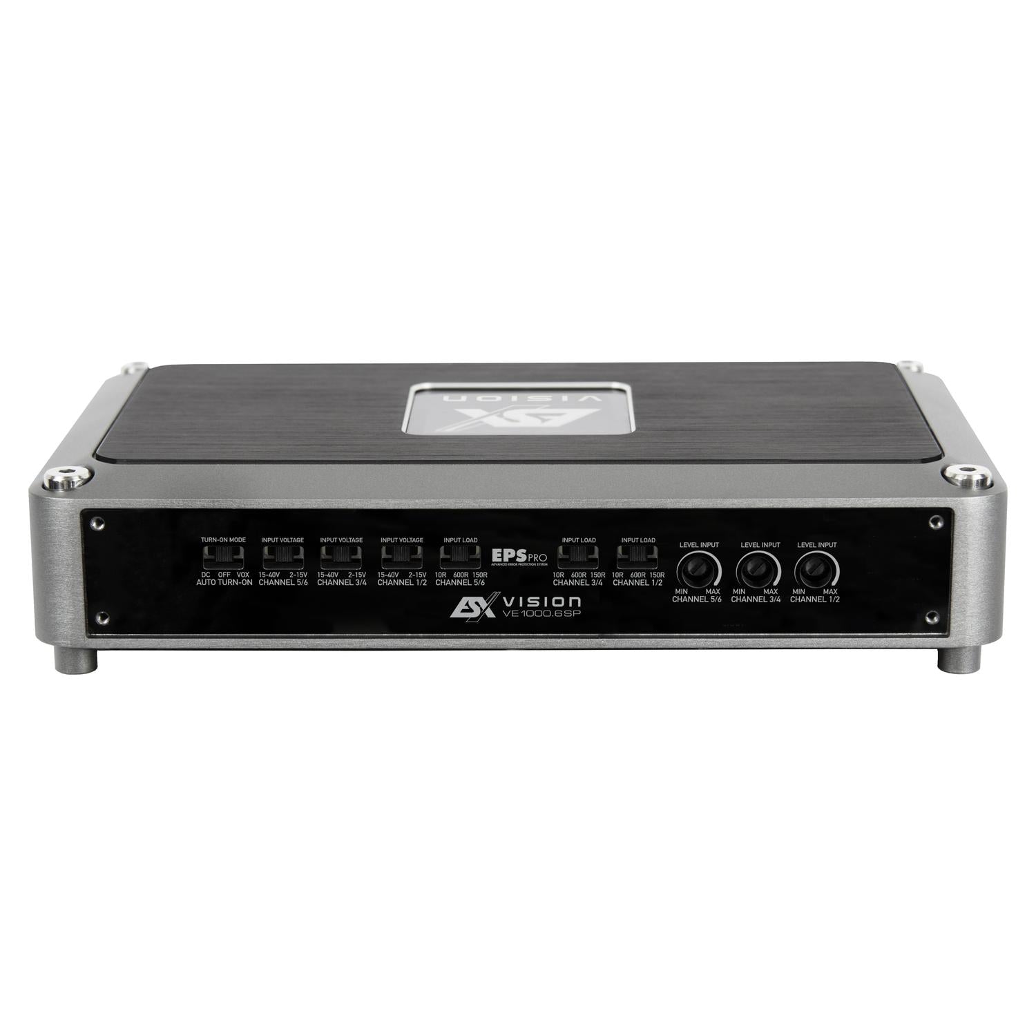 Vooraanzicht van een ESX Vision VE1000.6SP 6-kanaals high-end DSP-audioversterker met meerdere I/O-poorten en bedieningslabels op het zwarte voorpaneel.