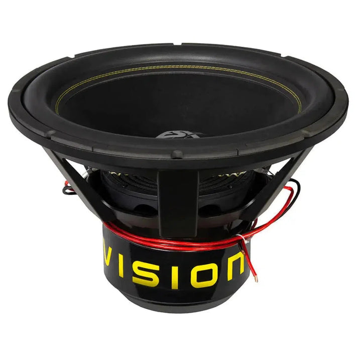 El ESX Vision VX-21 PRO es un subwoofer SPL negro y amarillo de 21 con cableado visible, cesta de aluminio fundido, etiqueta VISION y 6000W RMS, mostrado en ángulo sobre fondo blanco.