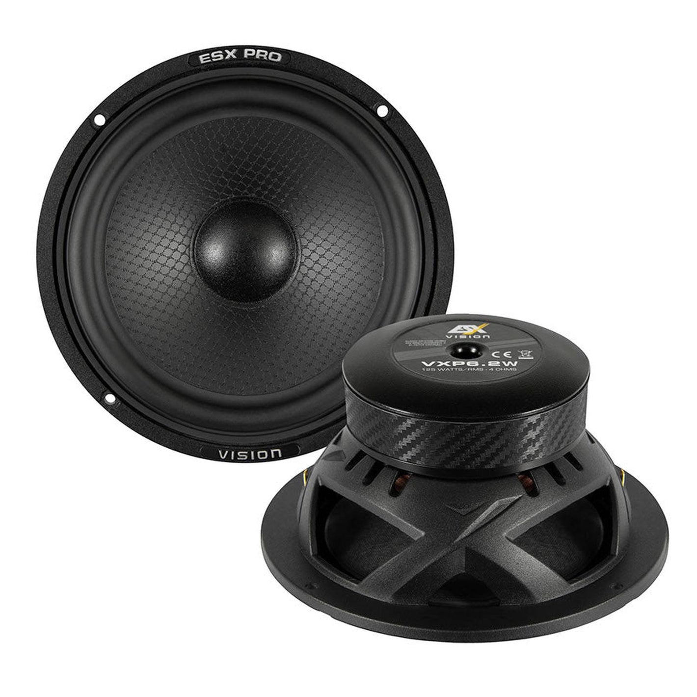 Dos altavoces negros ESX Vision VXP PRO VXP6,2W: uno muestra el cono y el otro las etiquetas de la marca y los detalles técnicos.