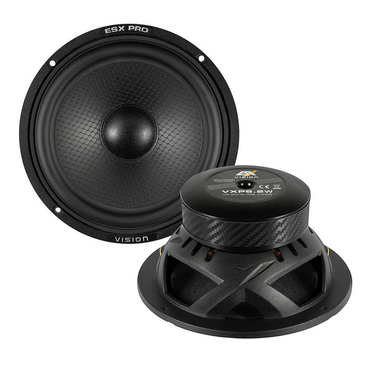 Two black ESX Vision VXP PRO VXP6.2W speakers—one displays the cone, the other shows brand labels and technical details.