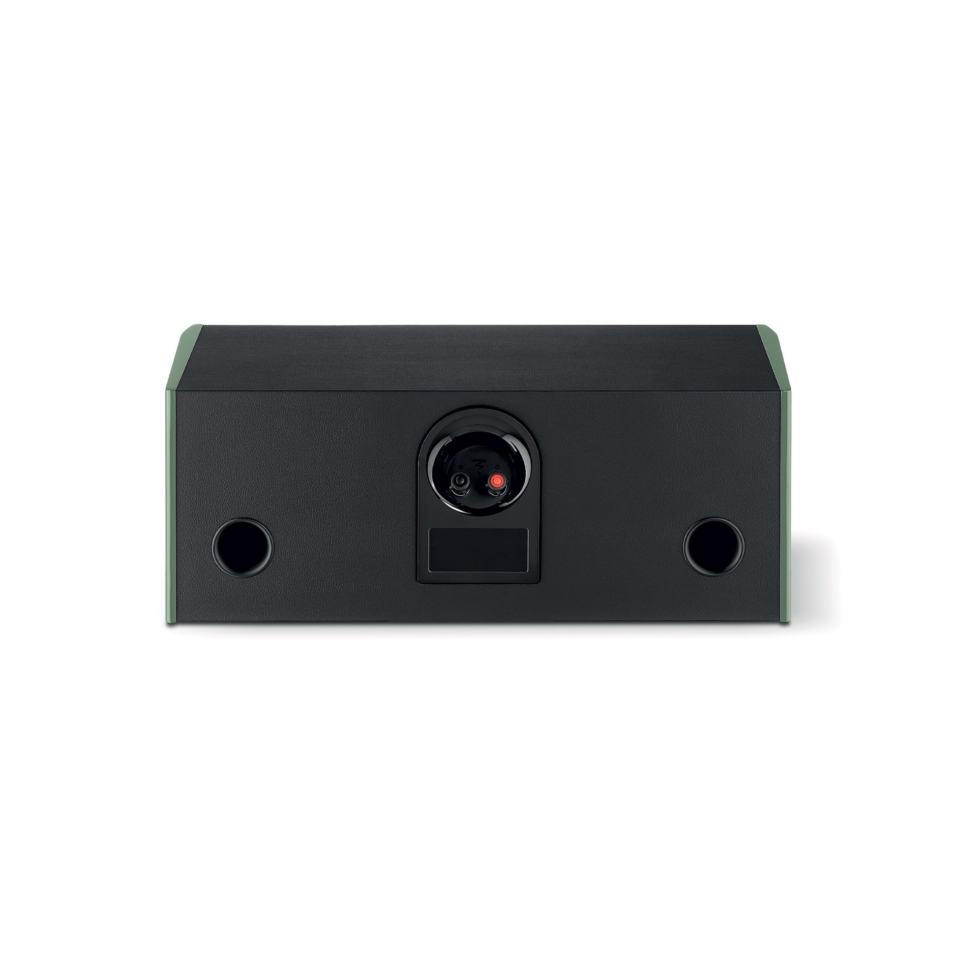 El altavoz Focal ARIA EVO X CENTER es un dispositivo rectangular de color negro con un puerto central redondo y aberturas redondas a cada lado.
