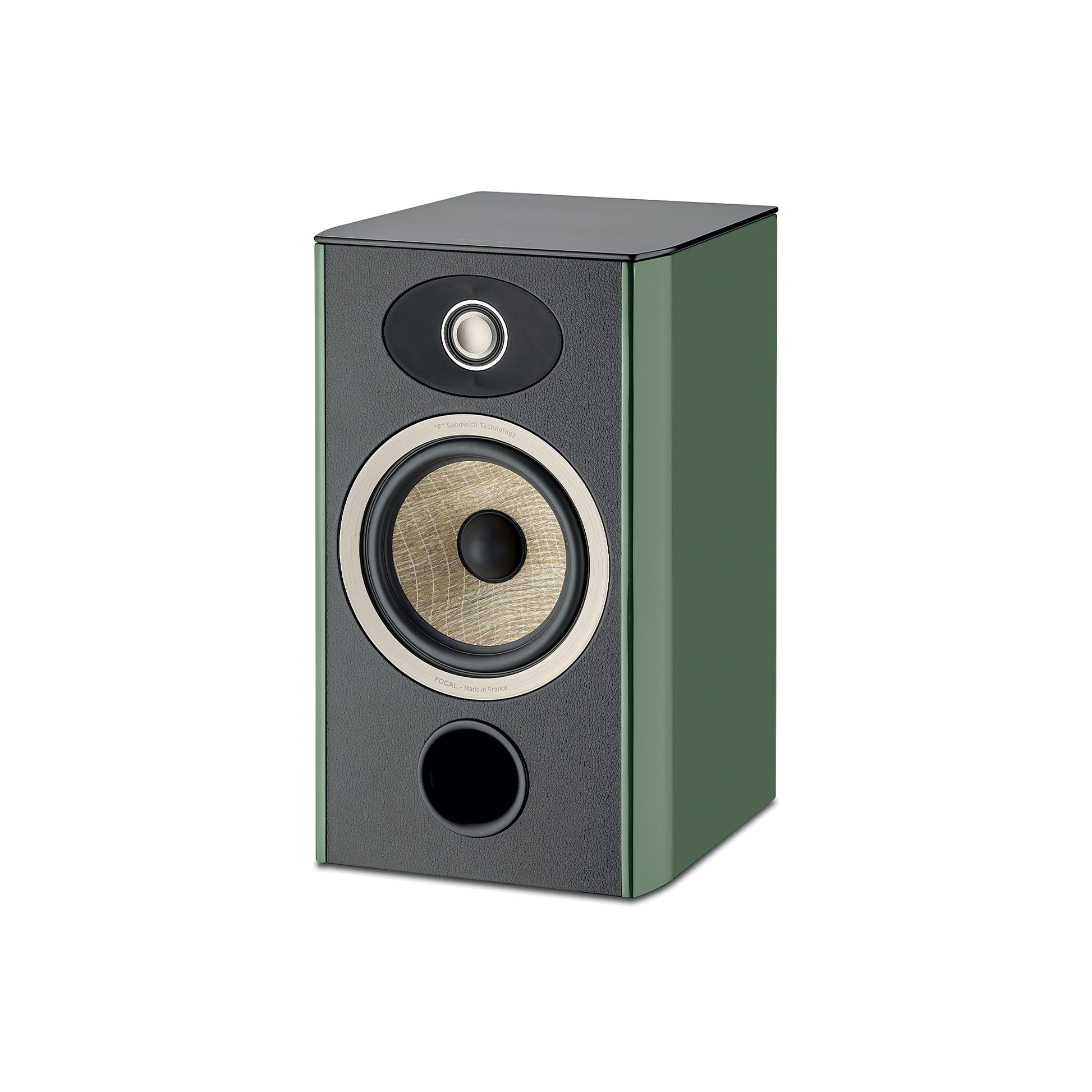 Der Focal ARIA EVO X N°1 ist ein grün-schwarzer 2-Wege-Regallautsprecher mit rundem Hochtöner, großem Flachs-Tieftöner und nach vorne gerichteter runder Bassöffnung.
