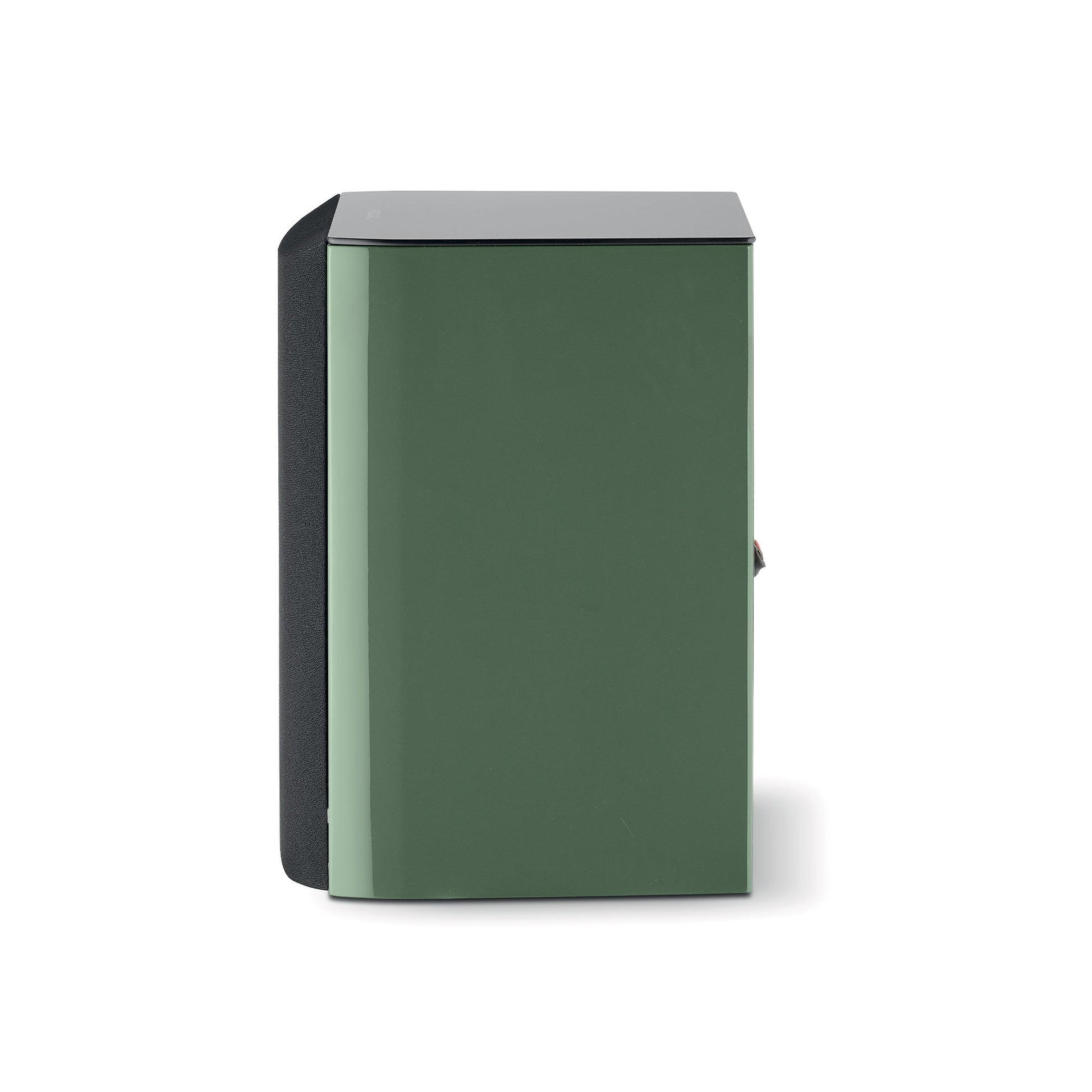 Ein grün-schwarzer Focal ARIA EVO X N°1 2-Wege-Kompaktlautsprecher mit Flachskonus und glänzender Front, von der Seite auf weißem Hintergrund dargestellt.