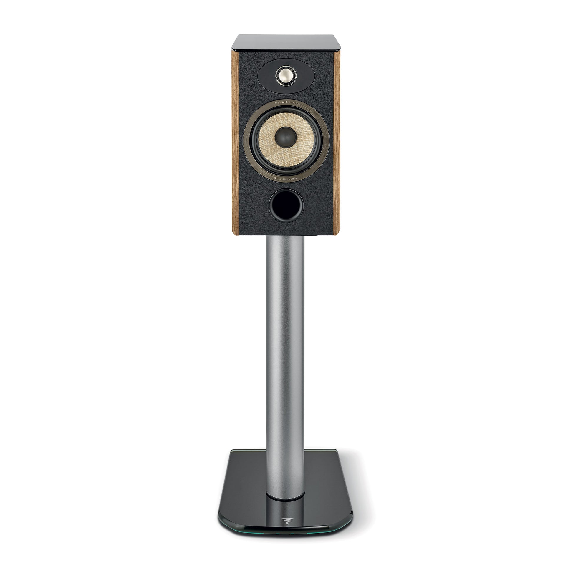 Un único altavoz compacto de 2 vías Focal ARIA EVO X N°1 en negro y madera sobre un soporte plateado, con woofer de lino, tweeter y puerto redondo.
