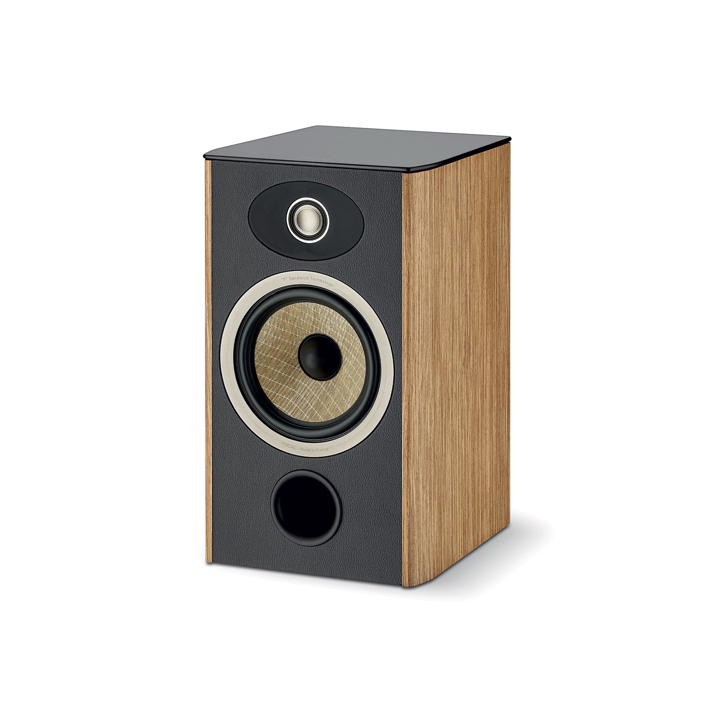 El Focal ARIA EVO X N°1 es un altavoz compacto rectangular de madera de 2 vías con frontal negro, woofer de lino, tweeter arriba y puerto redondo abajo.