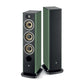 Due diffusori Focal ARIA EVO X N°2, alti e verdi: uno con griglia in tessuto, laltro con altoparlanti in lino, entrambi con base nera e altoparlanti circolari multipli.