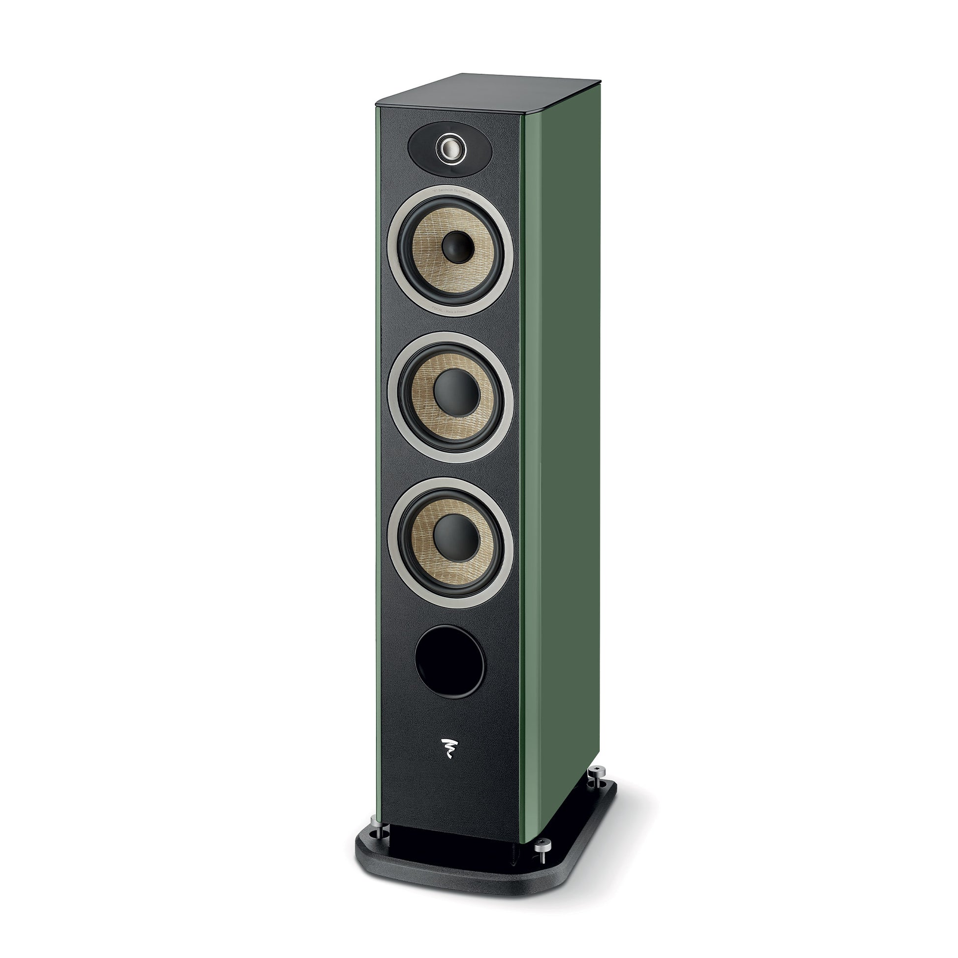 Il Focal ARIA EVO X N°2 è un diffusore hi-fi alto e moderno, di colore verde e nero, con quattro altoparlanti rotondi e un piccolo logo alla base.