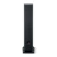Un altavoz de torre Focal ARIA EVO X N°3 negro y alto, mostrado desde atrás, con un puerto de entrada redondo y una etiqueta cerca de la base: ideal para oyentes de alta fidelidad.