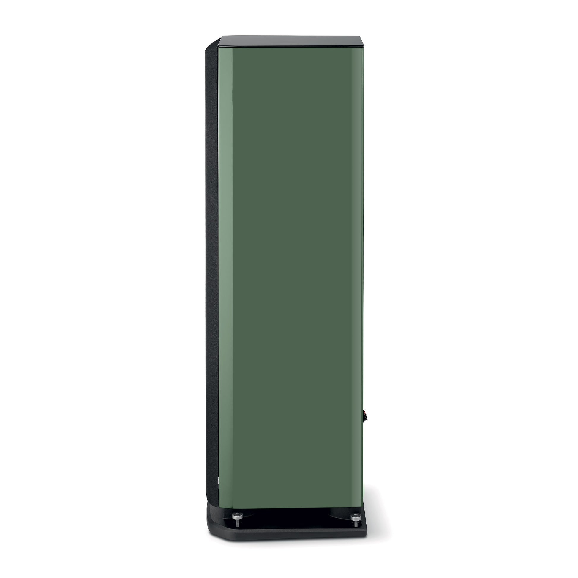 Focal ARIA EVO X N°3: hoher, rechteckiger Lautsprecher mit grüner Front, schwarzen Seiten und Flax-Membran für erstklassigen Hi-Fi-Sound, abgebildet auf weißem Hintergrund.