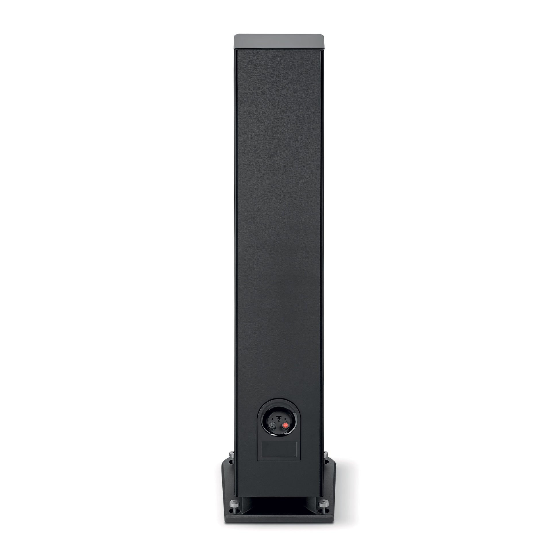 Der Focal ARIA EVO X N°3 ist ein hoher schwarzer Tower-Lautsprecher mit einem runden Eingangs-/Ausgangsfeld auf der Rückseite und einem stabilen Sockel für erstklassigen Hi-Fi-Hörgenuss.