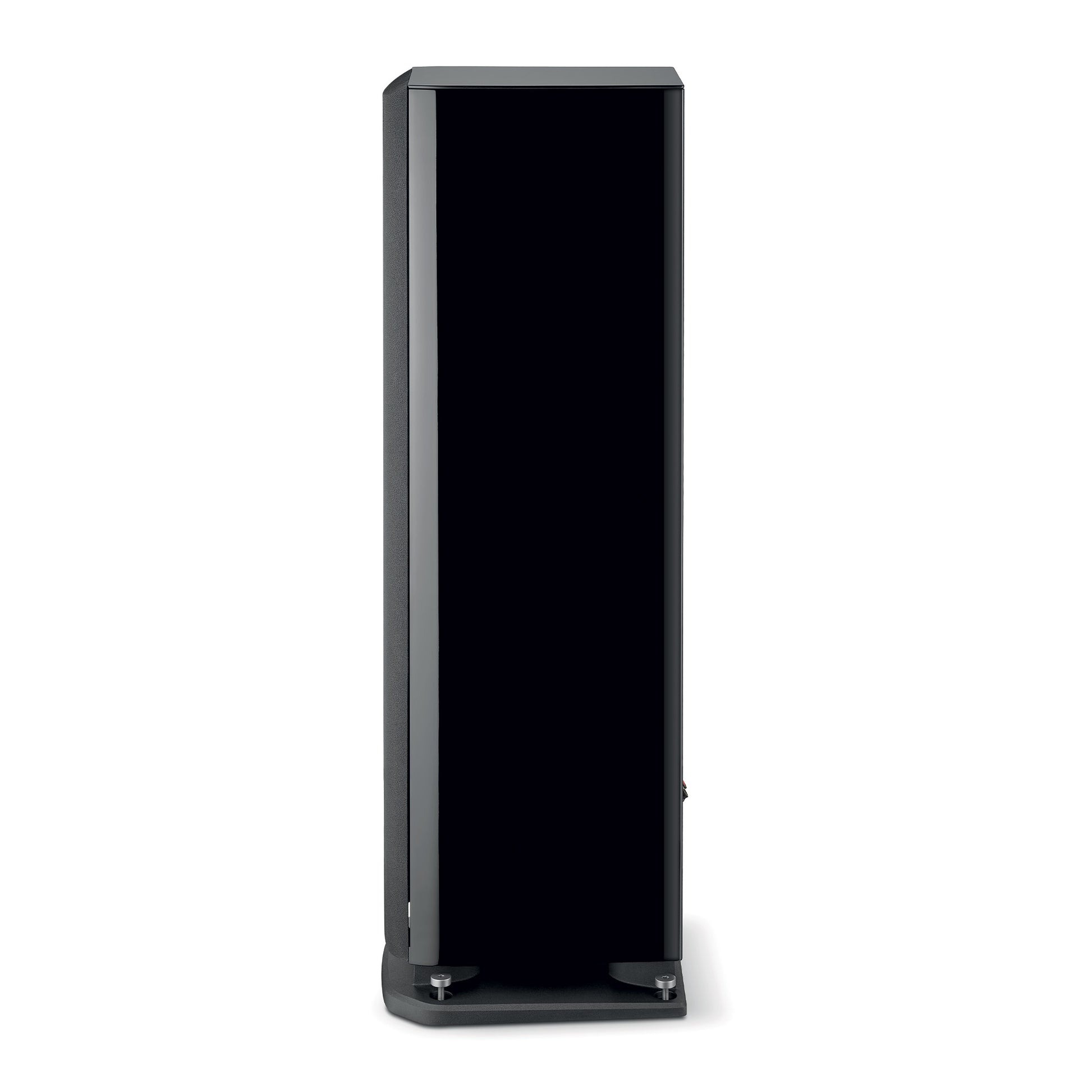 Der Focal ARIA EVO X N°3 ist ein hoher, aufrechter schwarzer HiFi-Lautsprecher mit glänzender Frontplatte und minimalistischem, rechteckigem Design.