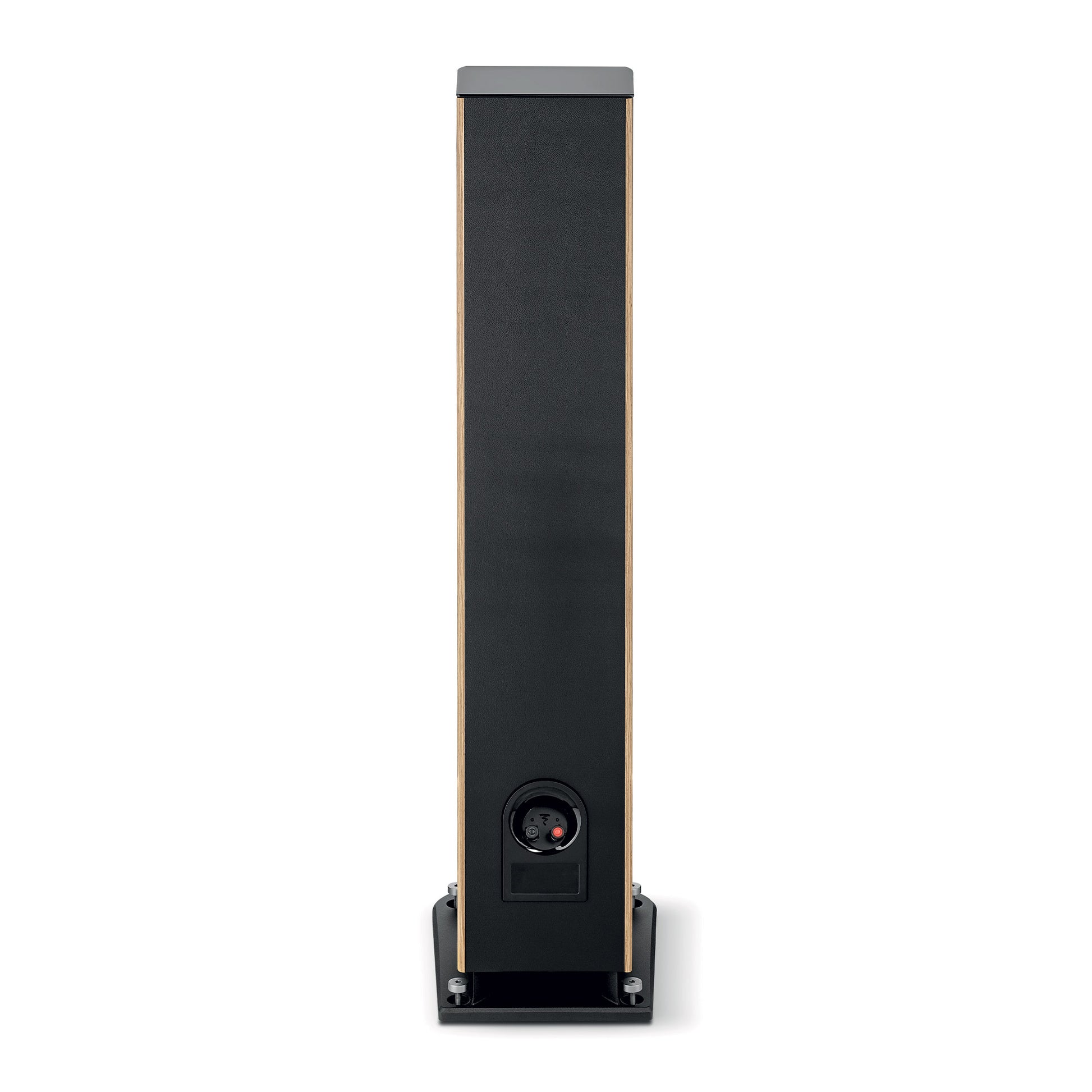 Die Focal ARIA EVO X N°3 ist ein hoher, rechteckiger, schwarzer Standlautsprecher auf einem schwarzen Sockel mit einer runden Anschlussöffnung an der Rückseite nahe der Unterseite.