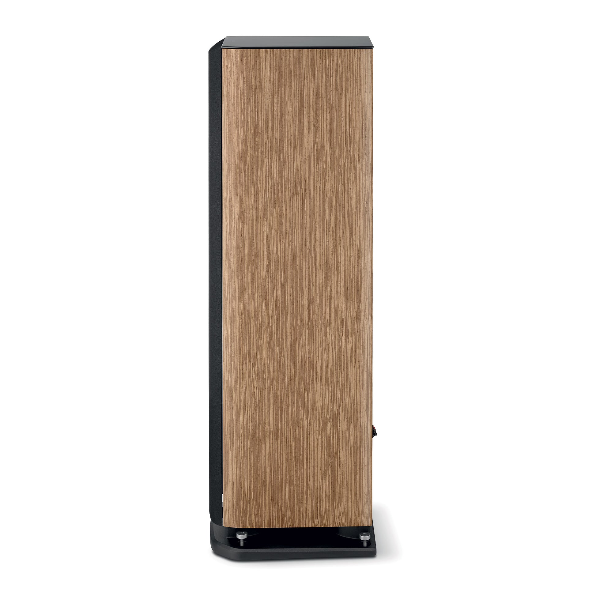 El Focal ARIA EVO X N°3 es un altavoz de suelo alto con un frontal de madera clara, laterales negros y una base negra, ideal para los oyentes de alta fidelidad sobre un fondo blanco.