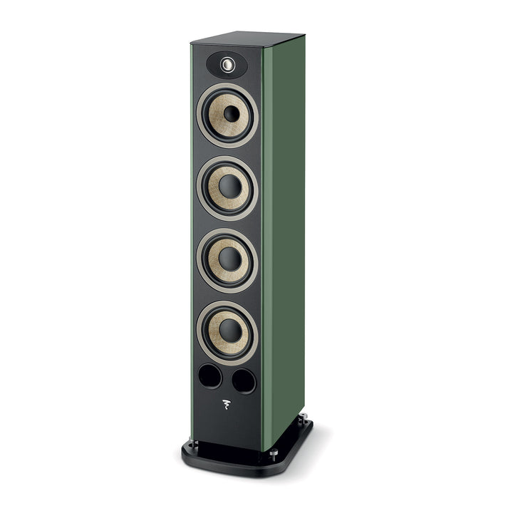Der Focal ARIA EVO X N°3 ist ein hoher, rechteckiger HiFi-Lautsprecher in Grün und Schwarz mit fünf runden Treibern und zwei runden Öffnungen in der Nähe der Basis.