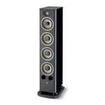 Die Focal ARIA EVO X N°3 ist ein hoher schwarzer Standlautsprecher mit vier beigen Flachskonus-Treibern, zwei runden Öffnungen an der Vorderseite und einem kleinen runden Hochtöner für erstklassigen Hi-Fi-Hörgenuss.