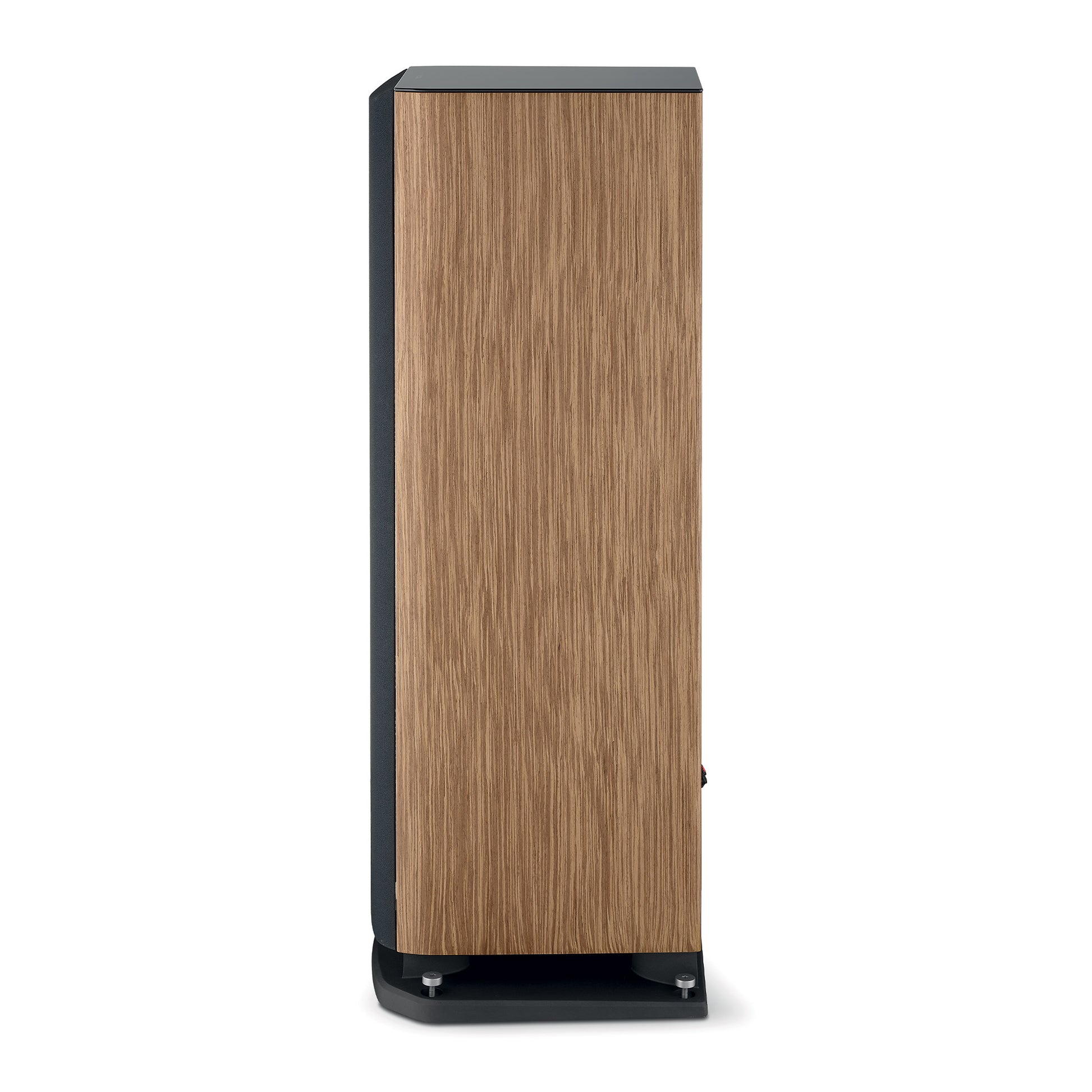 Die Focal ARIA EVO X N°4 ist eine hohe, rechteckige 3-Wege-Standbox mit hellbrauner Holzmaserung auf der Vorderseite, Bass-Reflex-System und schwarzen Seiten.