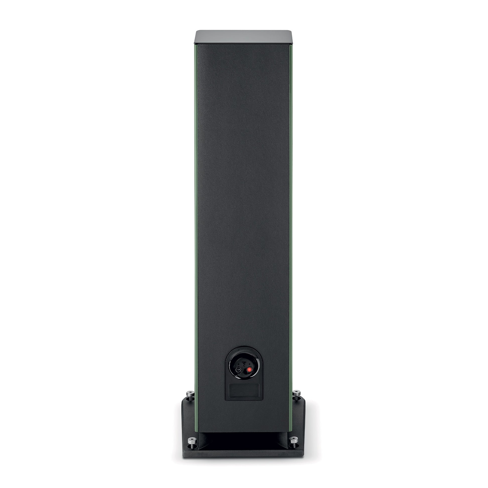 Een hoge, rechthoekige, zwarte Focal ARIA EVO X N°4 luidspreker, van achteren gezien, met een ronde poort aan de onderkant en een platform met verstelbare poten.