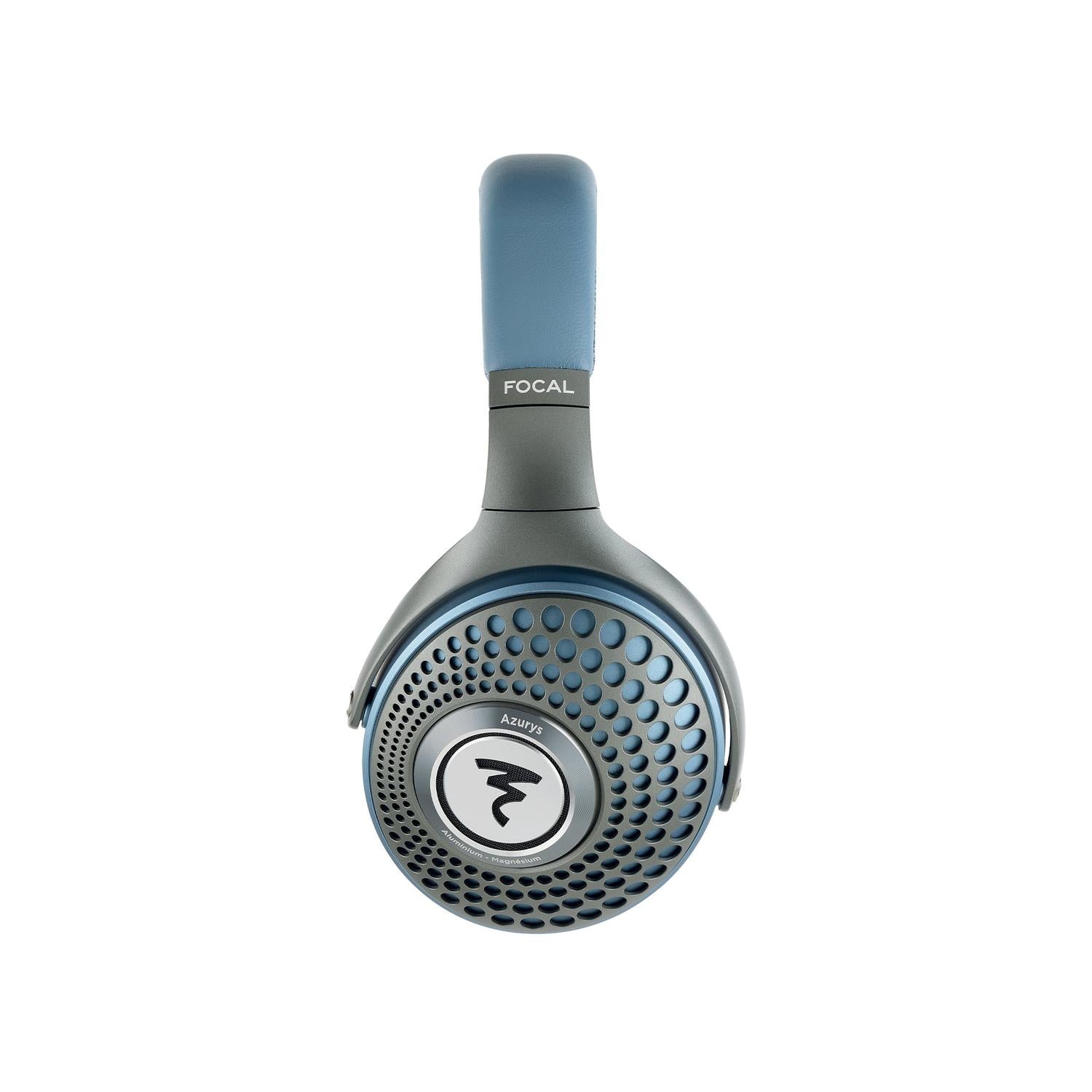 A pair of Focal Azurys headphones in blue and gray, shown from the side with circular perforated earcups featuring the Focal logo at the center.