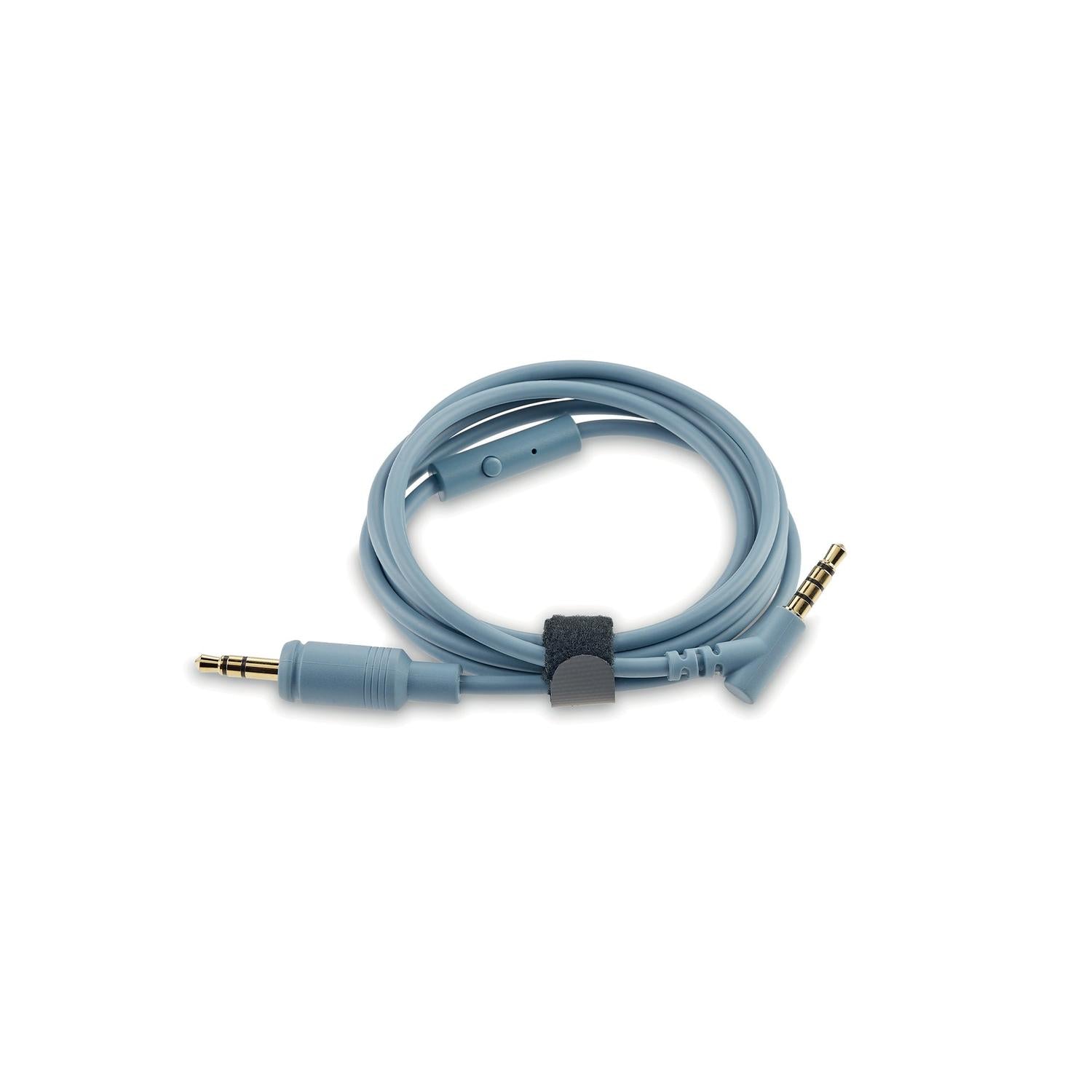 A coiled light blue 3.5mm aux cable with velcro strap, ideal for HiFi sound with Focal Azurys or other closed-back headphones.