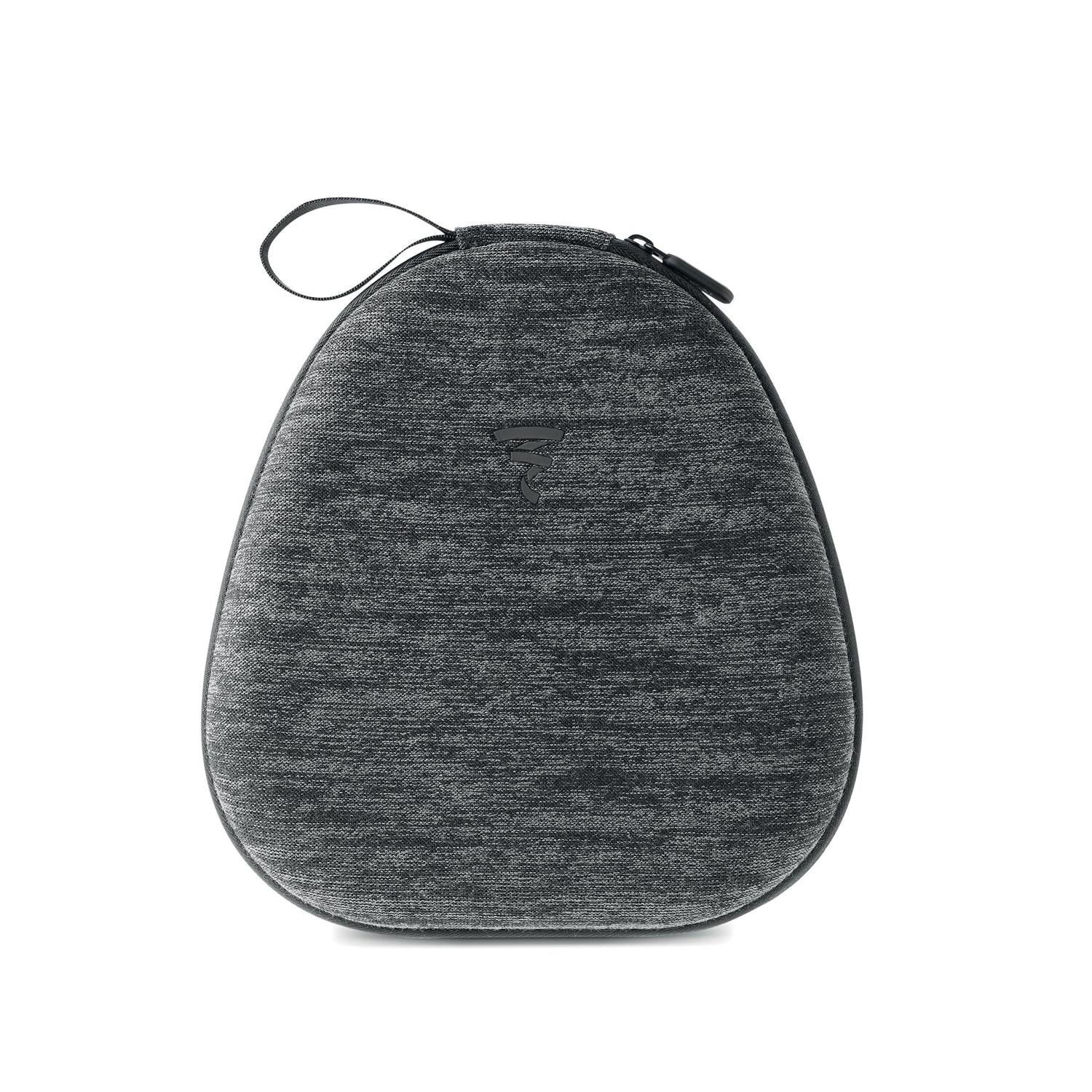 Custodia grigia a forma di goccia con cerniera per le cuffie wireless Bluetooth Focal Bathys con suono HiFi, dotata di un passante per la maniglia superiore, su sfondo bianco.