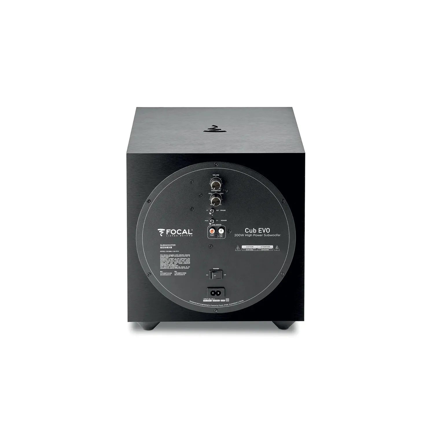Achteraanzicht van de Focal Cub Evo subwoofer met poorten, aanpassingsknoppen en gelabelde ingangen/uitgangen - perfect voor elk thuisbioscoopsysteem.