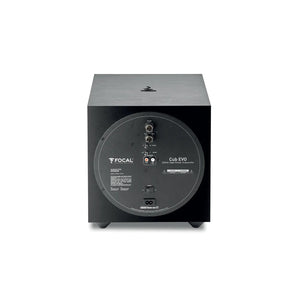 Rear view of the Focal Cub Evo subwoofer displaying ports, adjustment knobs, and labeled inputs/outputs—perfect for any home theater system.