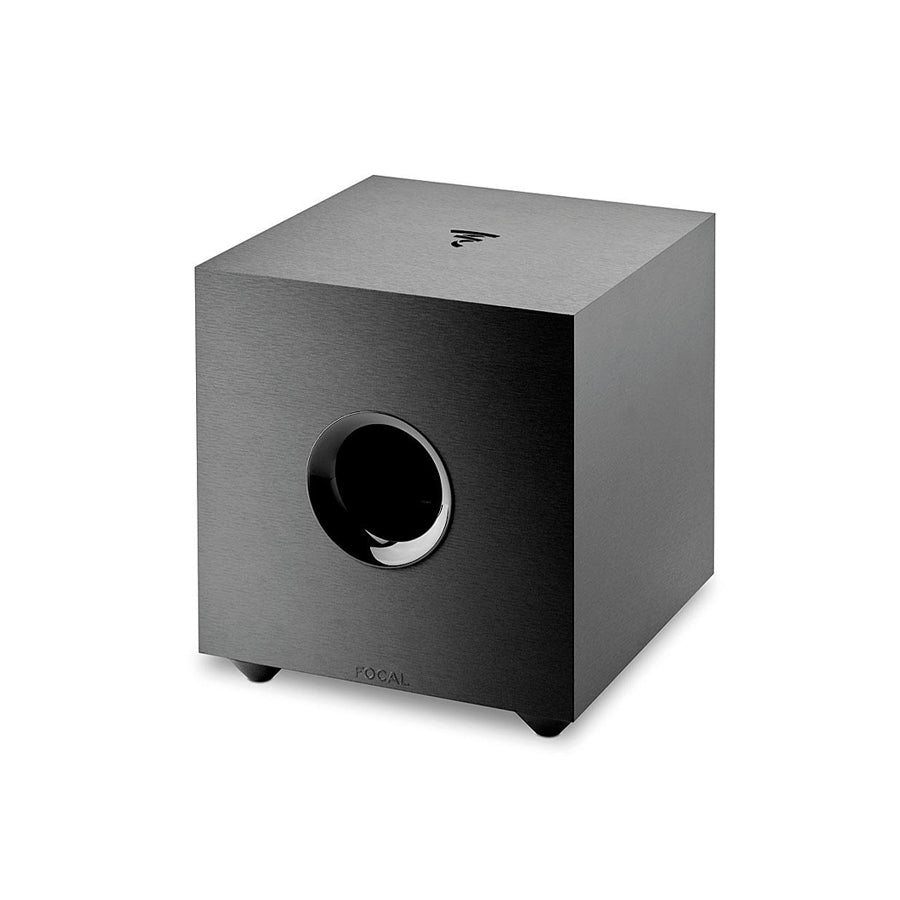 The Focal Cub Evo is a black, cube-shaped subwoofer with a circular front opening, perfect for any home theater system and pictured on a white background.