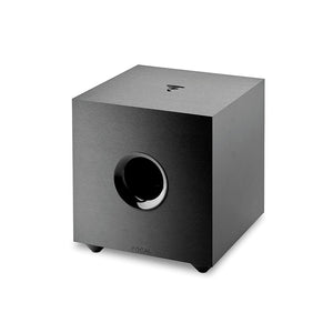 The Focal Cub Evo is a black, cube-shaped subwoofer with a circular front opening, perfect for any home theater system and pictured on a white background.