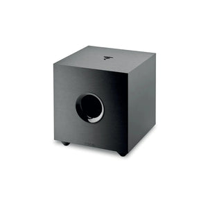 The Focal Cub Evo is a modern black cube-shaped subwoofer with a front circular port, sitting on small feet against a white background.