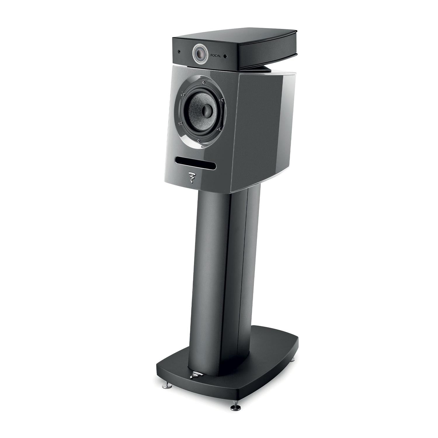 El Focal Diablo Utopia Colour Evo es un elegante y moderno Kompaktlautsprecher negro con soporte, woofer y tweeter visibles, que ofrece un sonido Hifi de alta calidad.