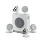 Il Focal Dôme 5.1 Flax Sub Air è un sistema home theater bianco con cinque diffusori satellite rotondi e un subwoofer centrale senza fili.