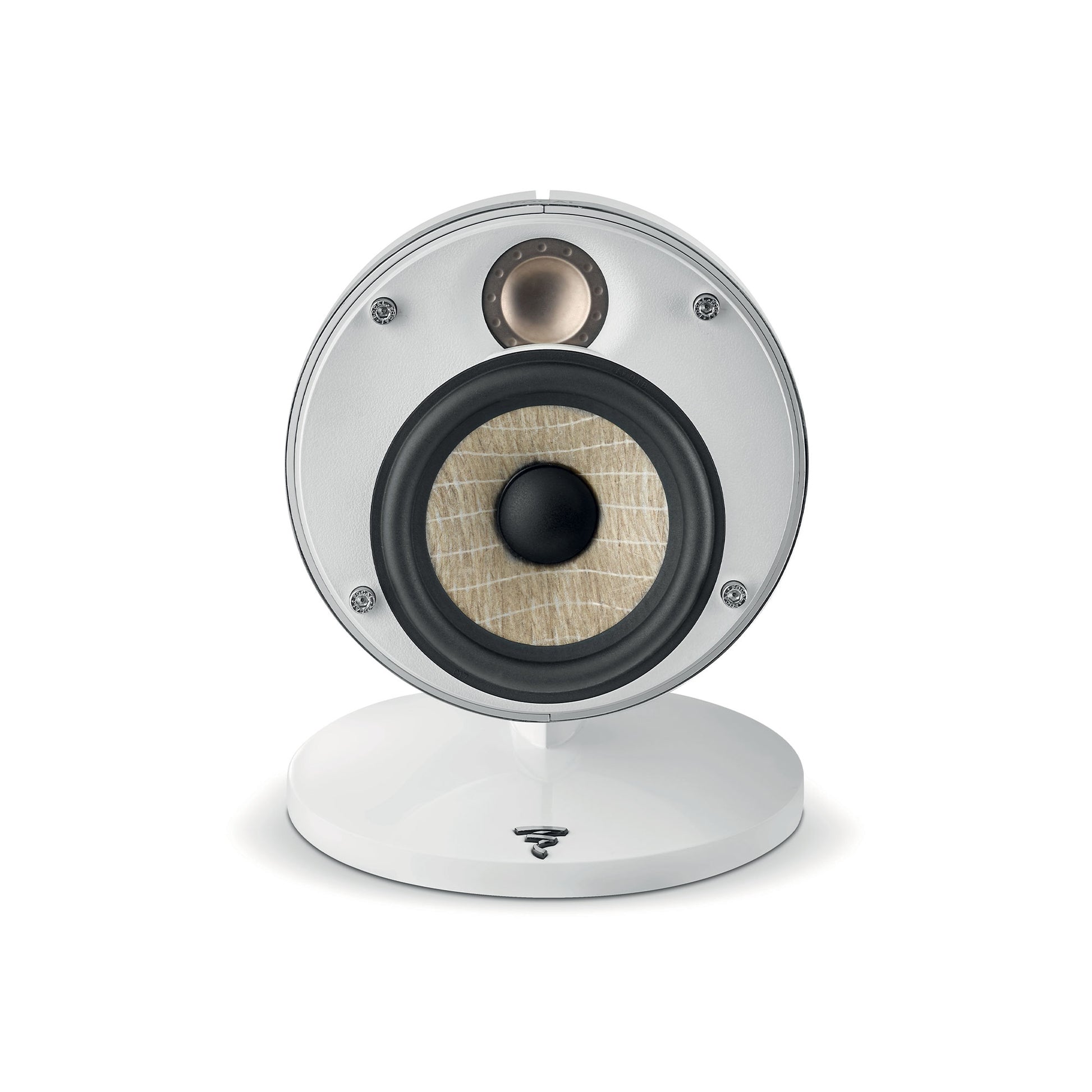 Le Focal Dôme Flax Sat 10 est un haut-parleur circulaire blanc moderne sur un support assorti - idéal pour votre home cinéma.