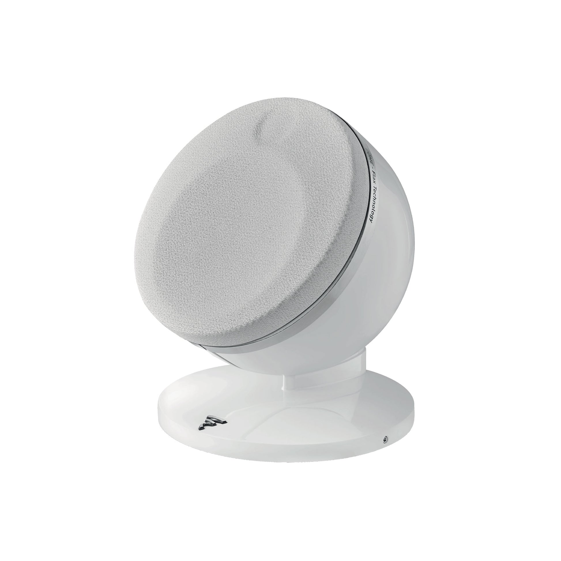 La Focal Dôme Flax Sat 10 est une enceinte moderne et compacte avec un design sphérique blanc, une façade en tissu gris et une base ronde blanche.